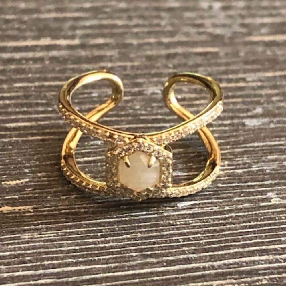 Hexagon Pave Ring in Gold/Moonstone, Size 6/7